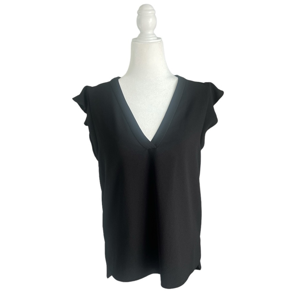 Zara Women’s Black V-Neck Ruffle Short Sleeve Top Black Medium